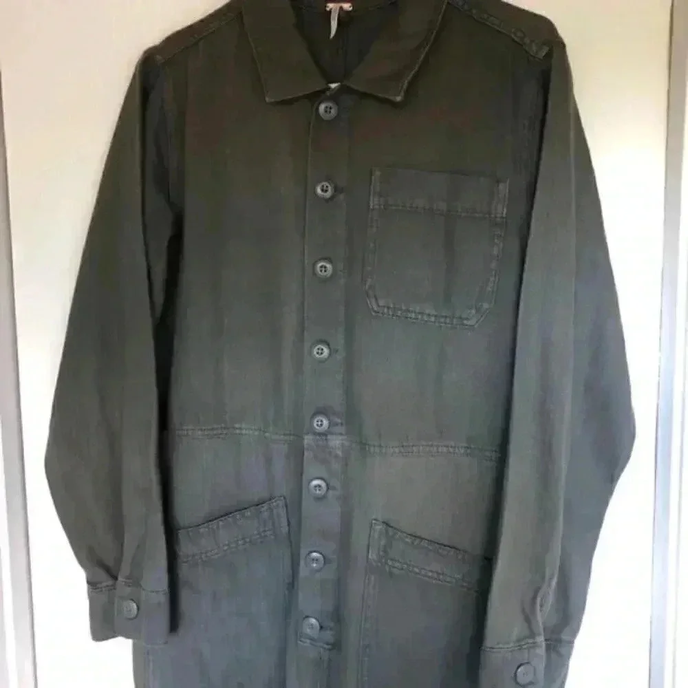 Free People Jumpsuit Utility Gia Coverall Slouchy Olive Distressed Patch Pockets